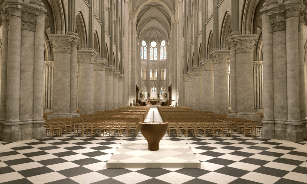 View from the entrance of the restored Cathedral of Notre Dame in paris